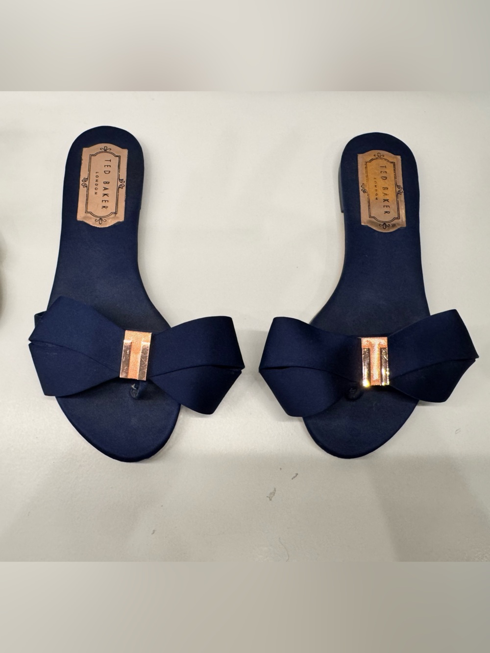 Ted Baker Navy Bow Slide Sandals with Rose Gold Accent